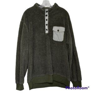 Chicyea Fleece Hunter Green 1/4 Button Henley Mock Neck Pullover Men's Size XL